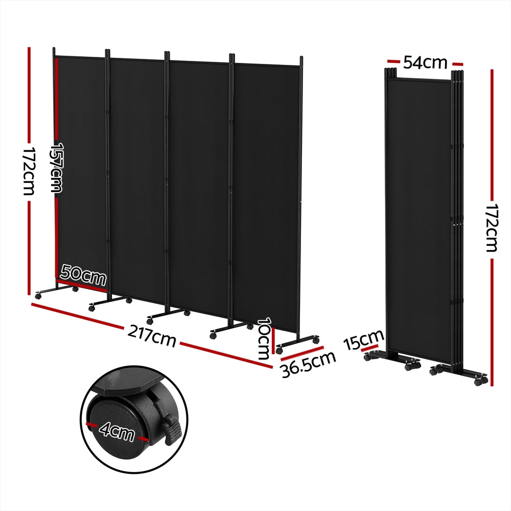 Artiss 217cm 4-Panel Room Divider Screen Black Fabric Wheels