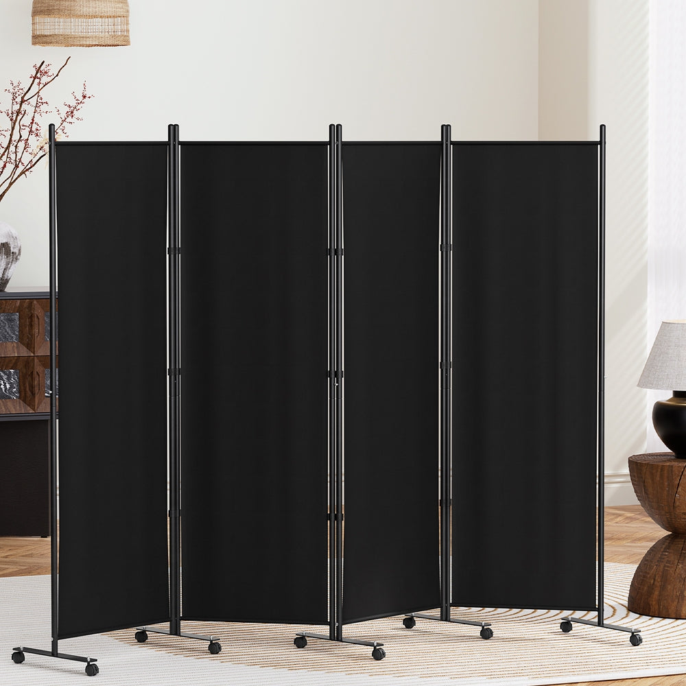 Artiss 217cm 4-Panel Room Divider Screen Black Fabric Wheels