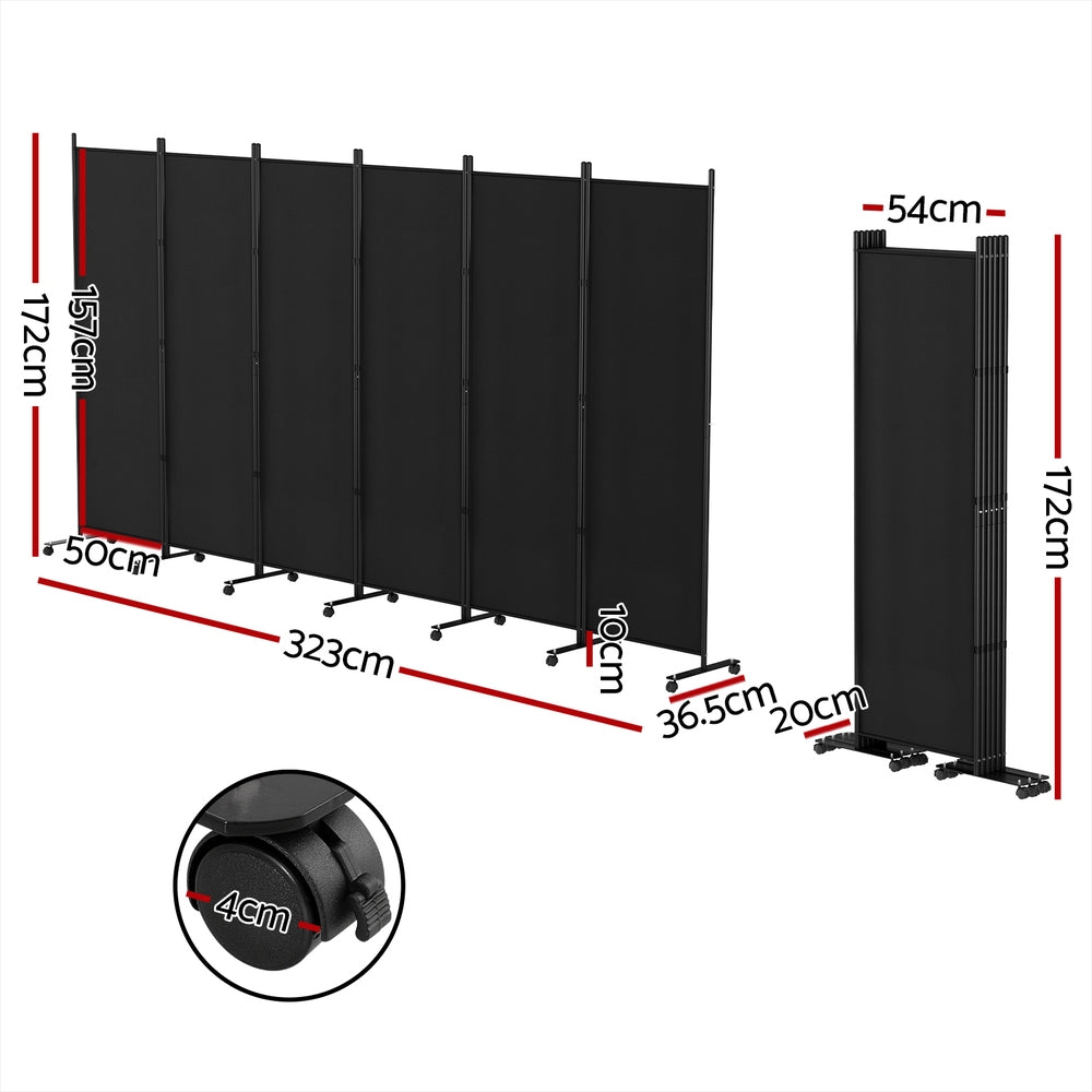 Artiss 6-Panel Room Divider Screen 323cm Fabric Black with Wheels