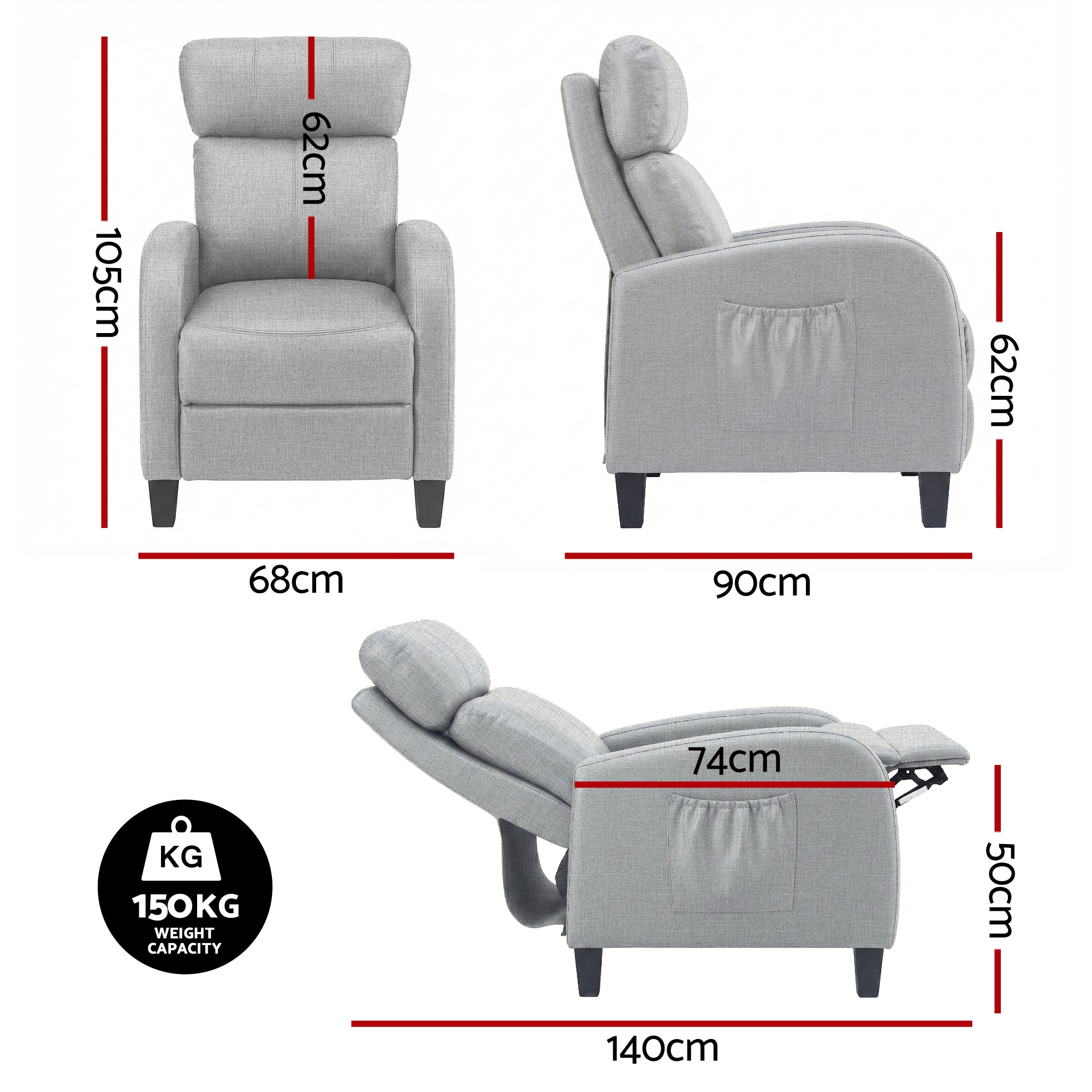 Artiss Massage Recliner Chair Small Recliner Sofa for Adults Fabric Grey