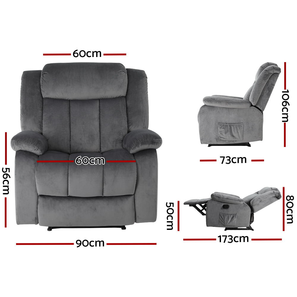 Artiss Velvet Recliner Chair Electric Massage Heated Grey