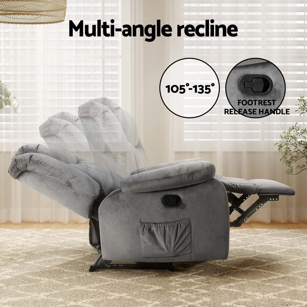 Artiss Velvet Recliner Chair Electric Massage Heated Grey