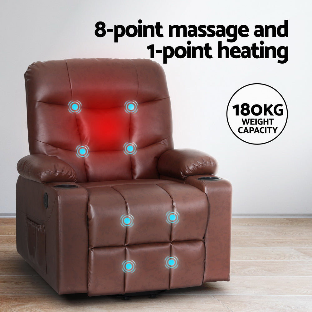 Claude Recliner Chair Lift Assist Heated Massage Leather Brown
