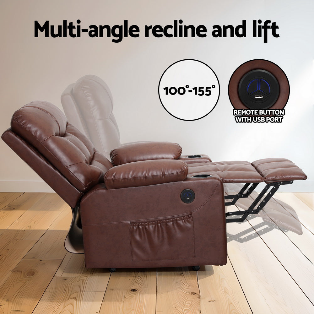 Claude Recliner Chair Lift Assist Heated Massage Leather Brown