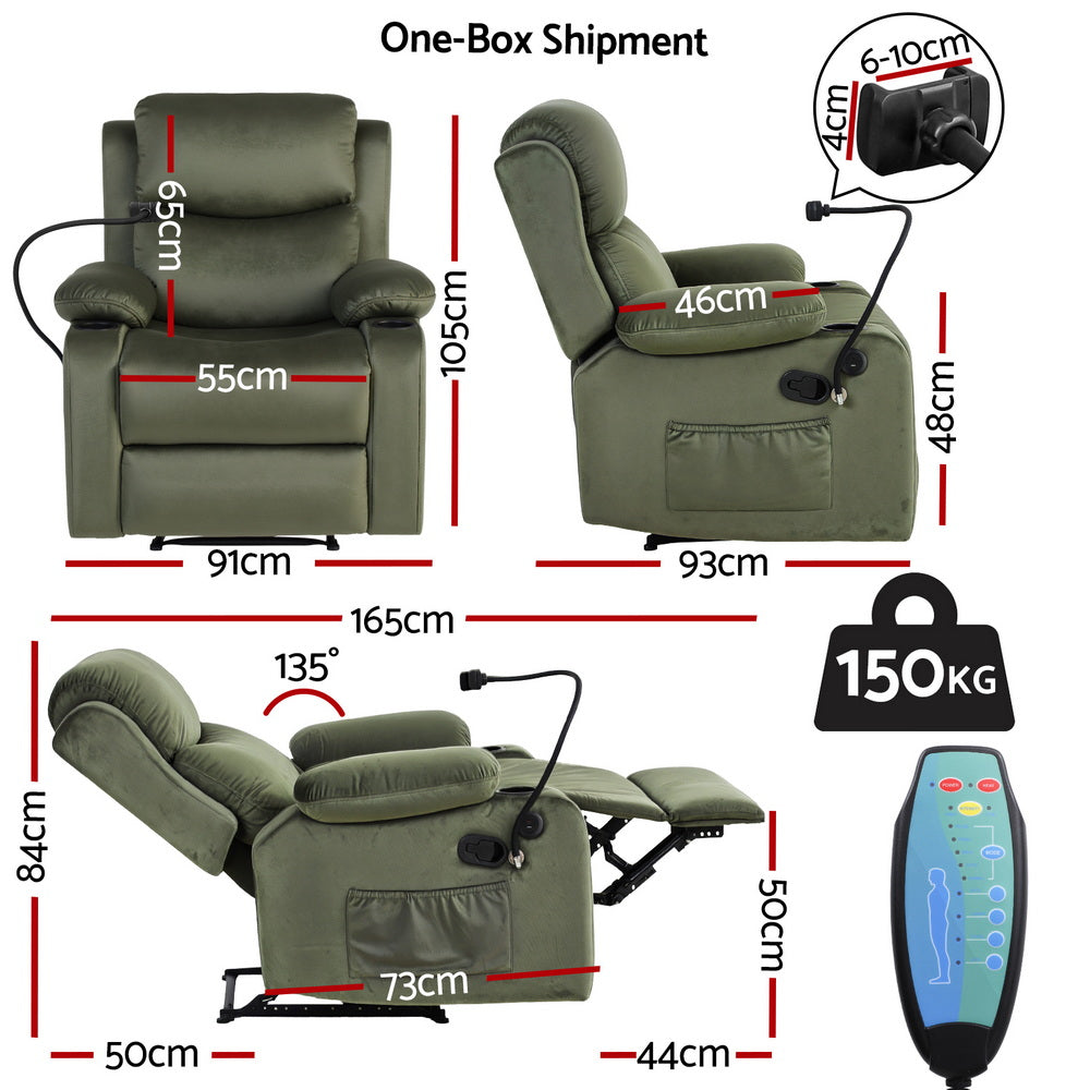 Artiss Velvet Recliner Chair Heated Massage Green