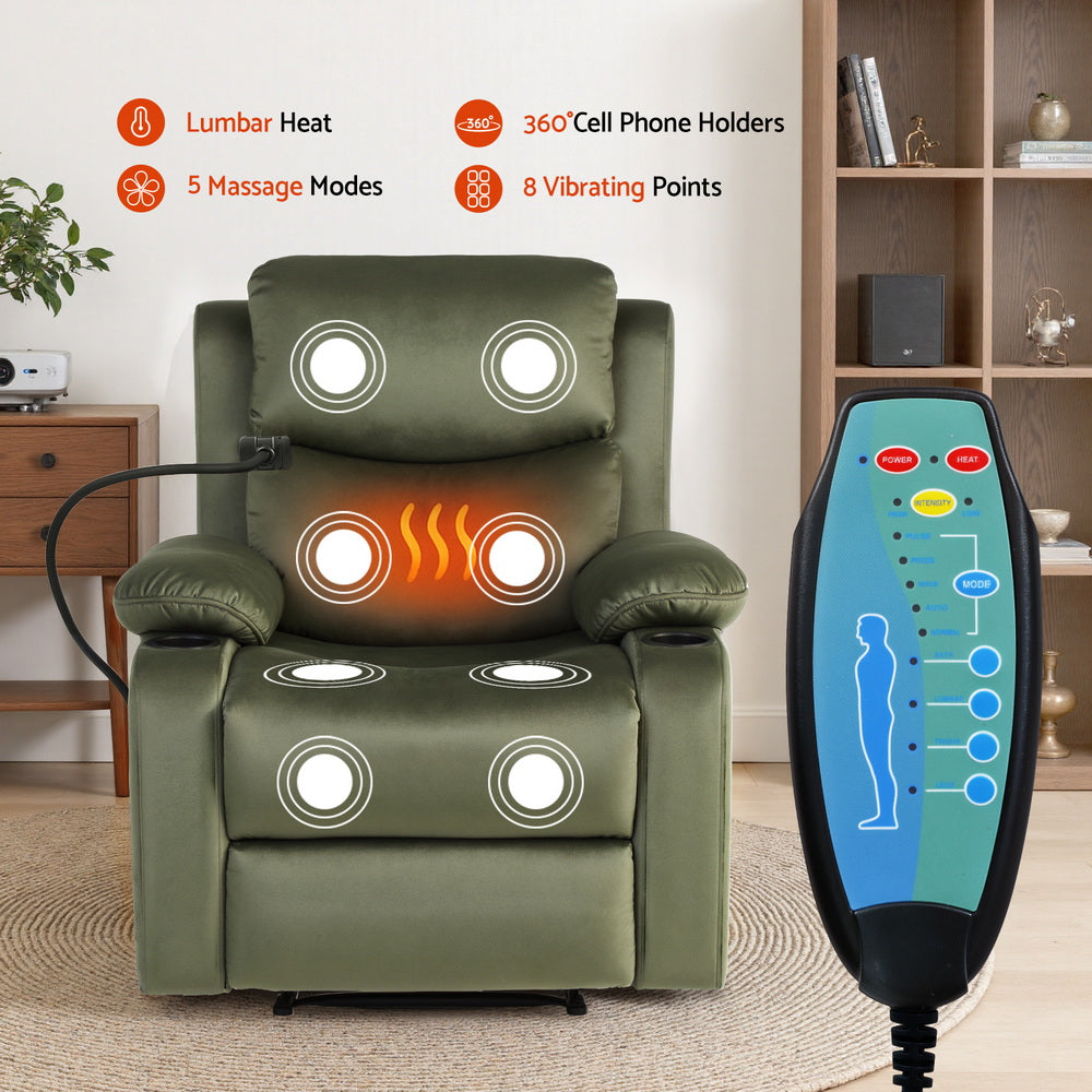 Artiss Velvet Recliner Chair Heated Massage Green