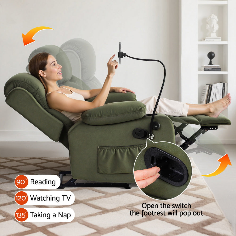 Artiss Velvet Recliner Chair Heated Massage Green