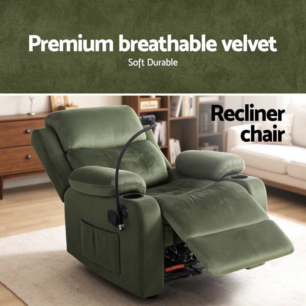 Artiss Velvet Recliner Chair Heated Massage Green