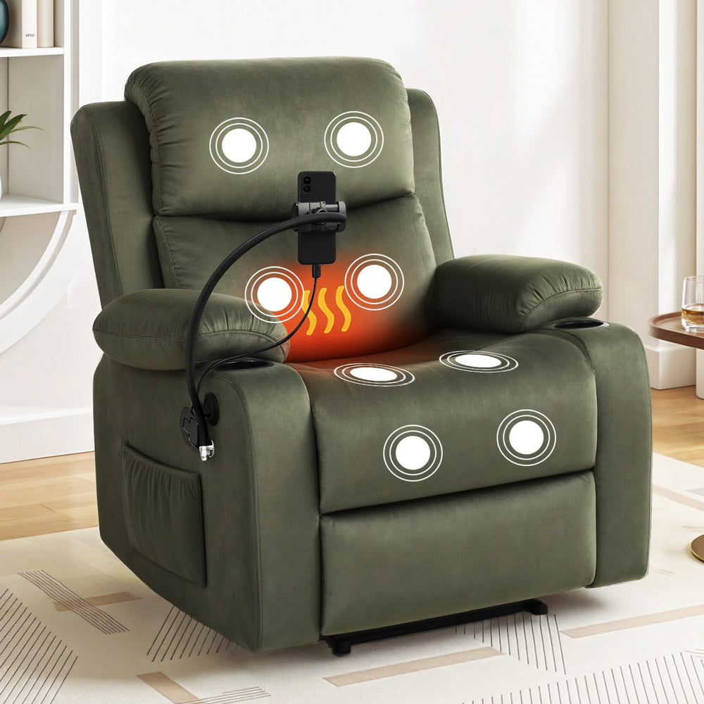 Artiss Velvet Recliner Chair Heated Massage Green