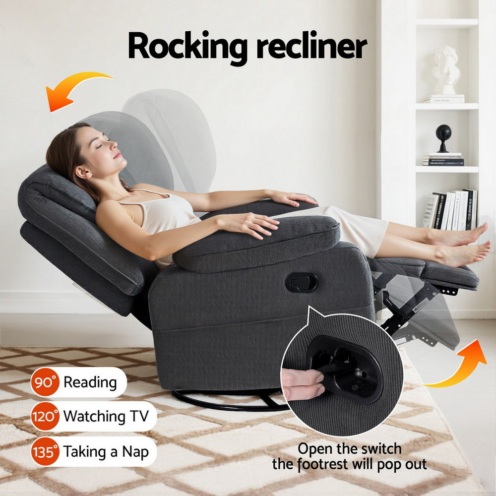Artiss 360° Swivel Recliner Chair Heated Massage Grey Corduroy