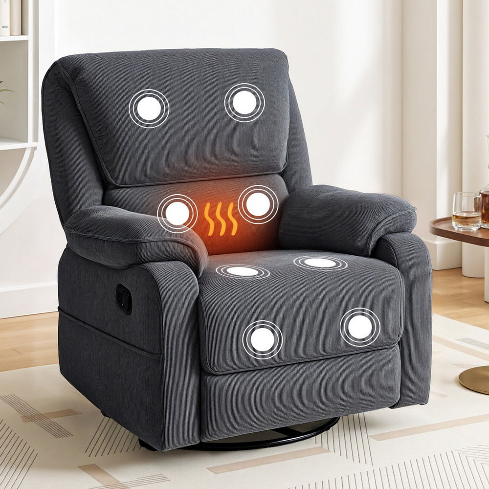 Artiss 360° Swivel Recliner Chair Heated Massage Grey Corduroy