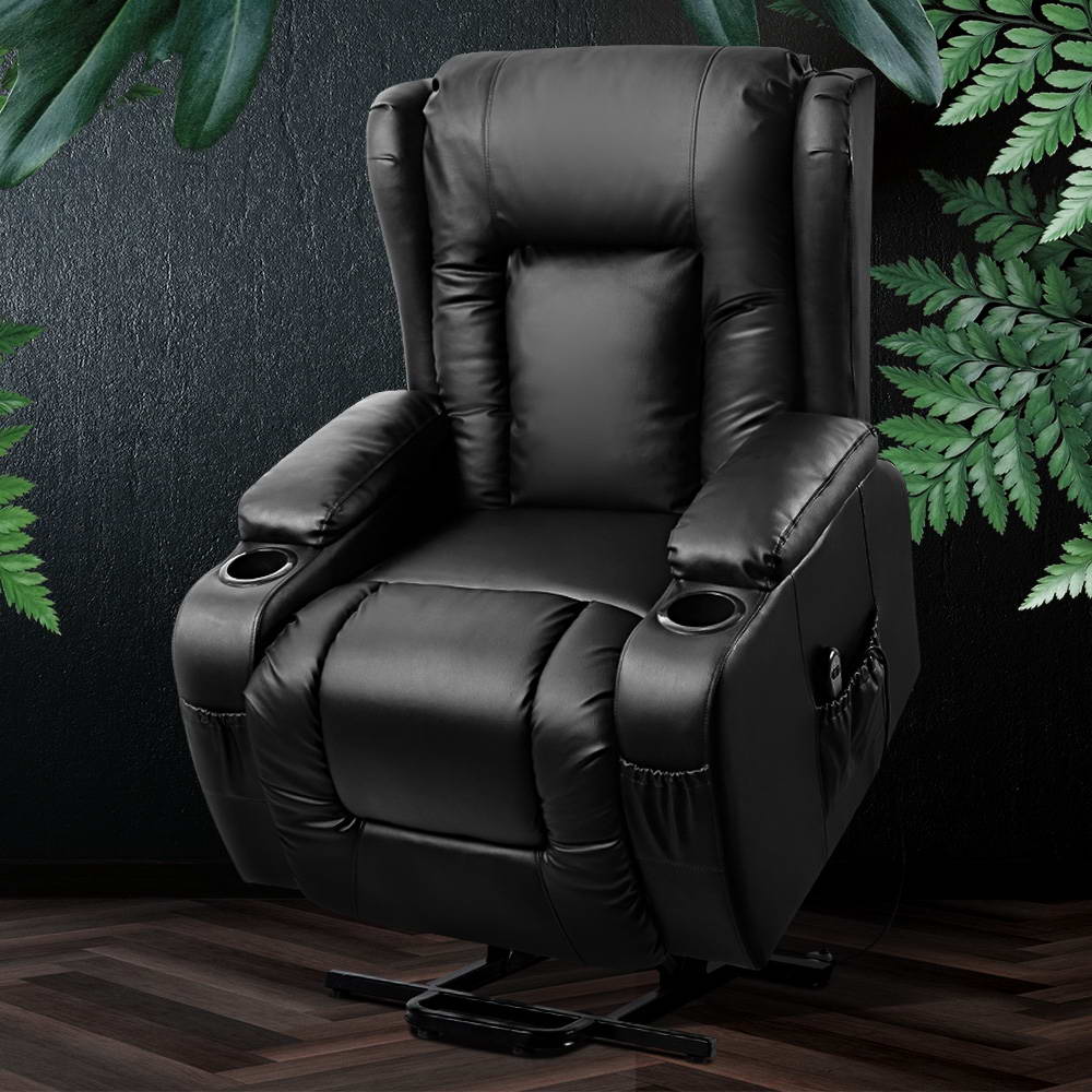 Rukwa Recliner Chair Lift Assist Heated Massage Leather Black