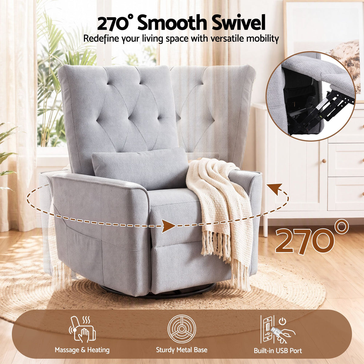 Artiss Electric Massage Recliner Chair 270° Swivel, Grey