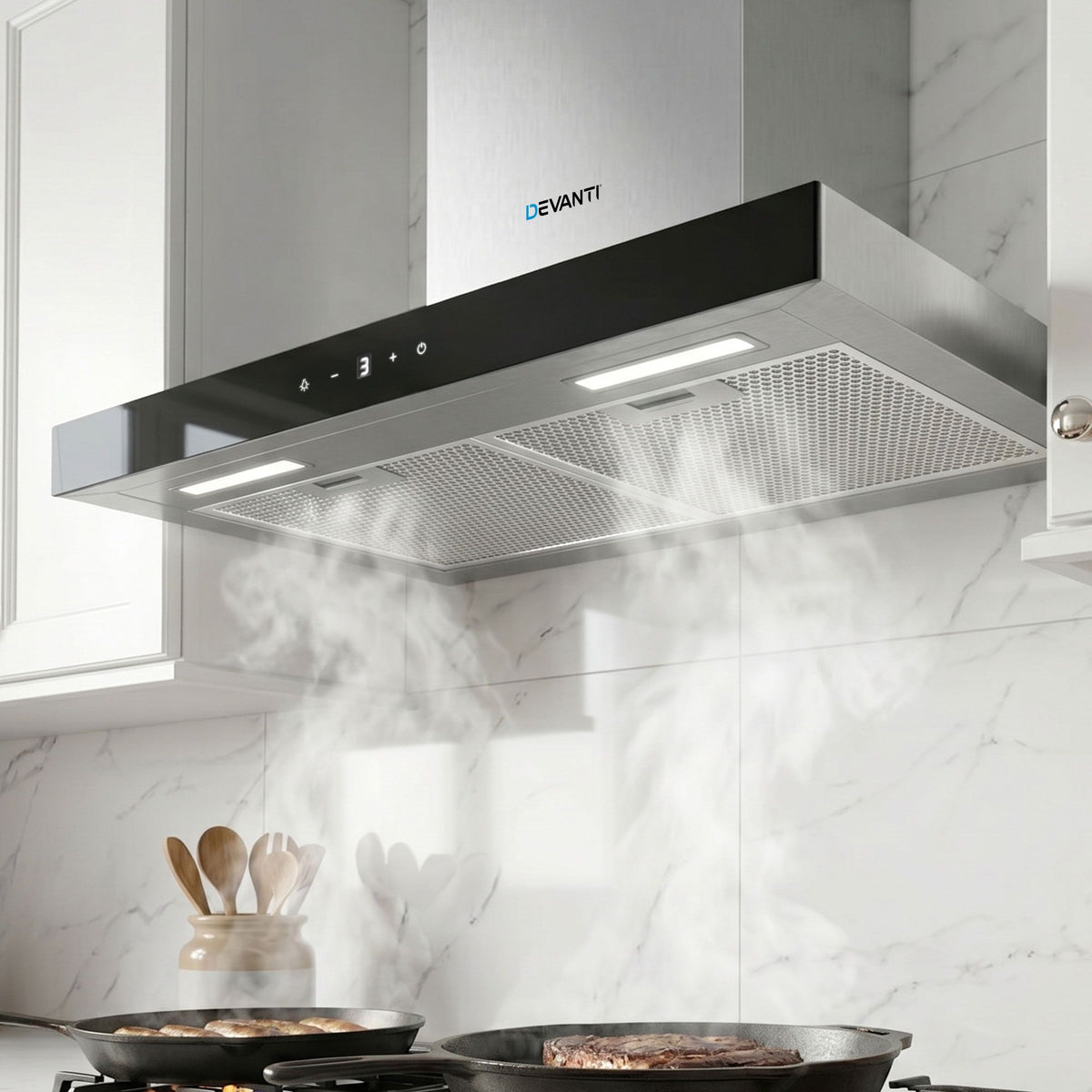 Devanti 60cm Wall Mounted Range Hood Black Glass
