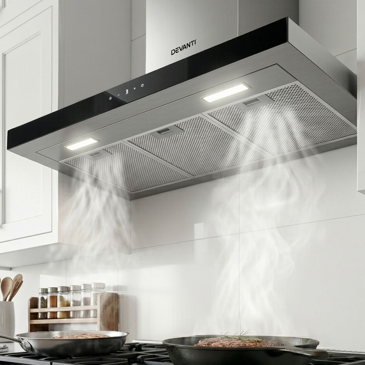 Devanti 90cm Wall Mounted Range Hood Black Glass