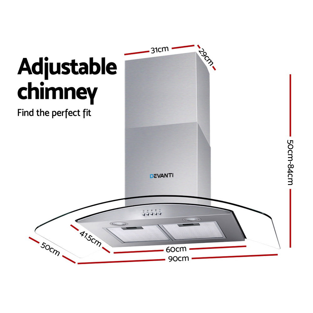 Devanti 900mm Wall Mounted Range Hood Glass Canopy Stainless Steel
