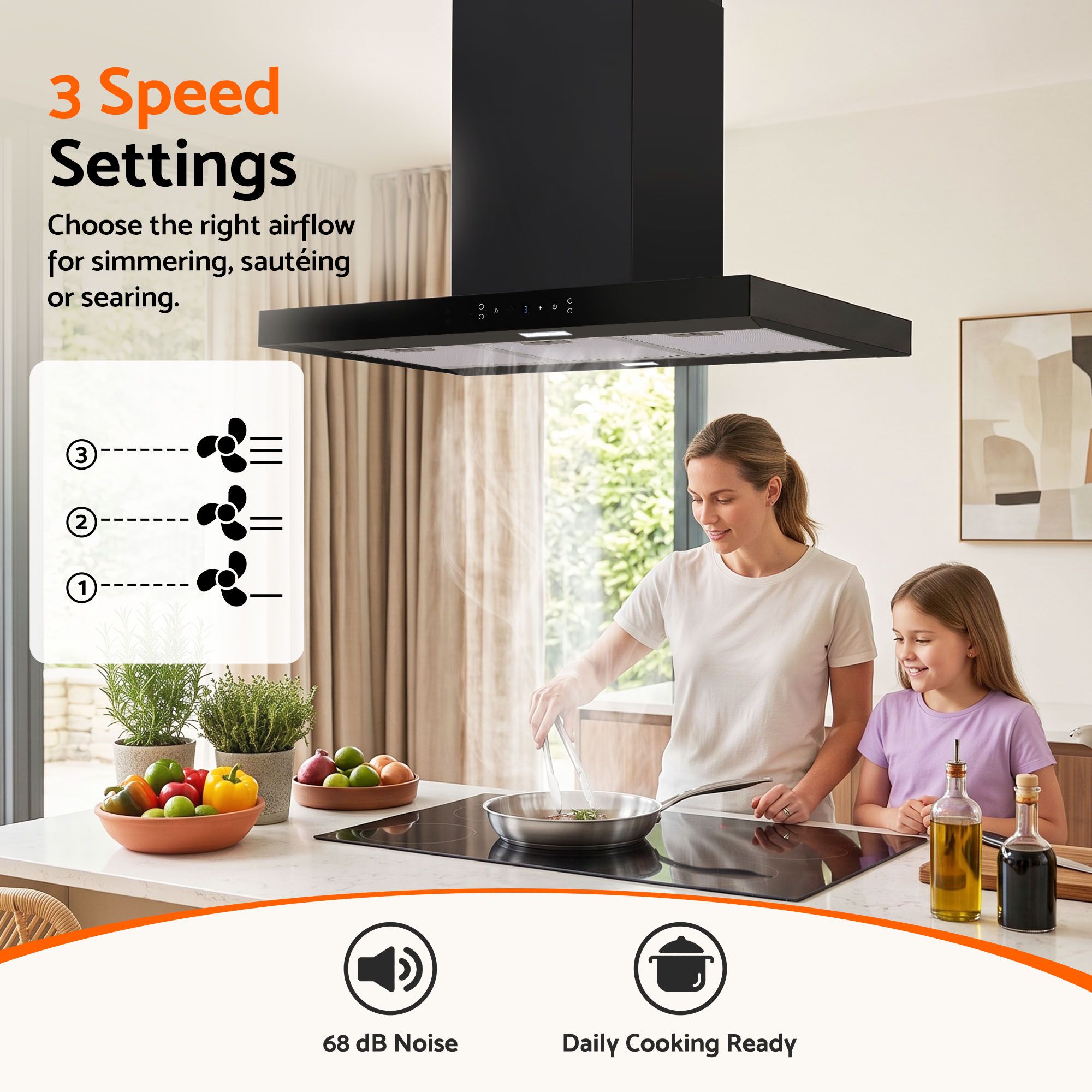 Devanti 90cm Island Rangehood Ceiling-Mounted 3-Speed Touch Control LED Black