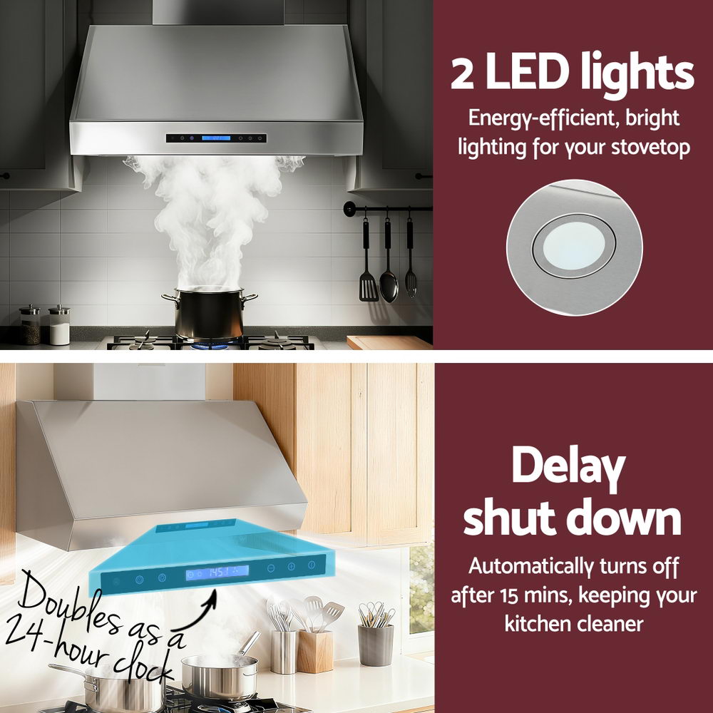 Devanti 900mm Range Hood 3-Speed Fan LED Display Remote Control