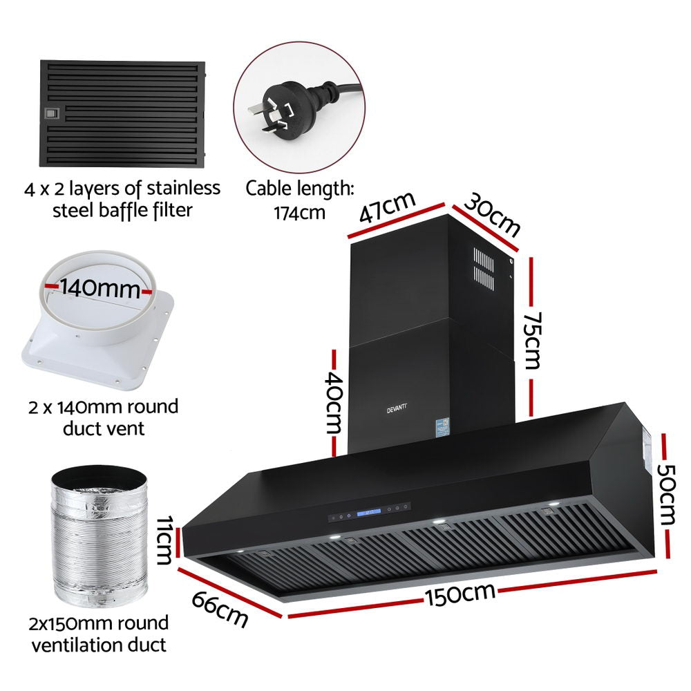 Devanti 1500mm Commercial BBQ Range Hood Dual Motor W/ Remote Control Black