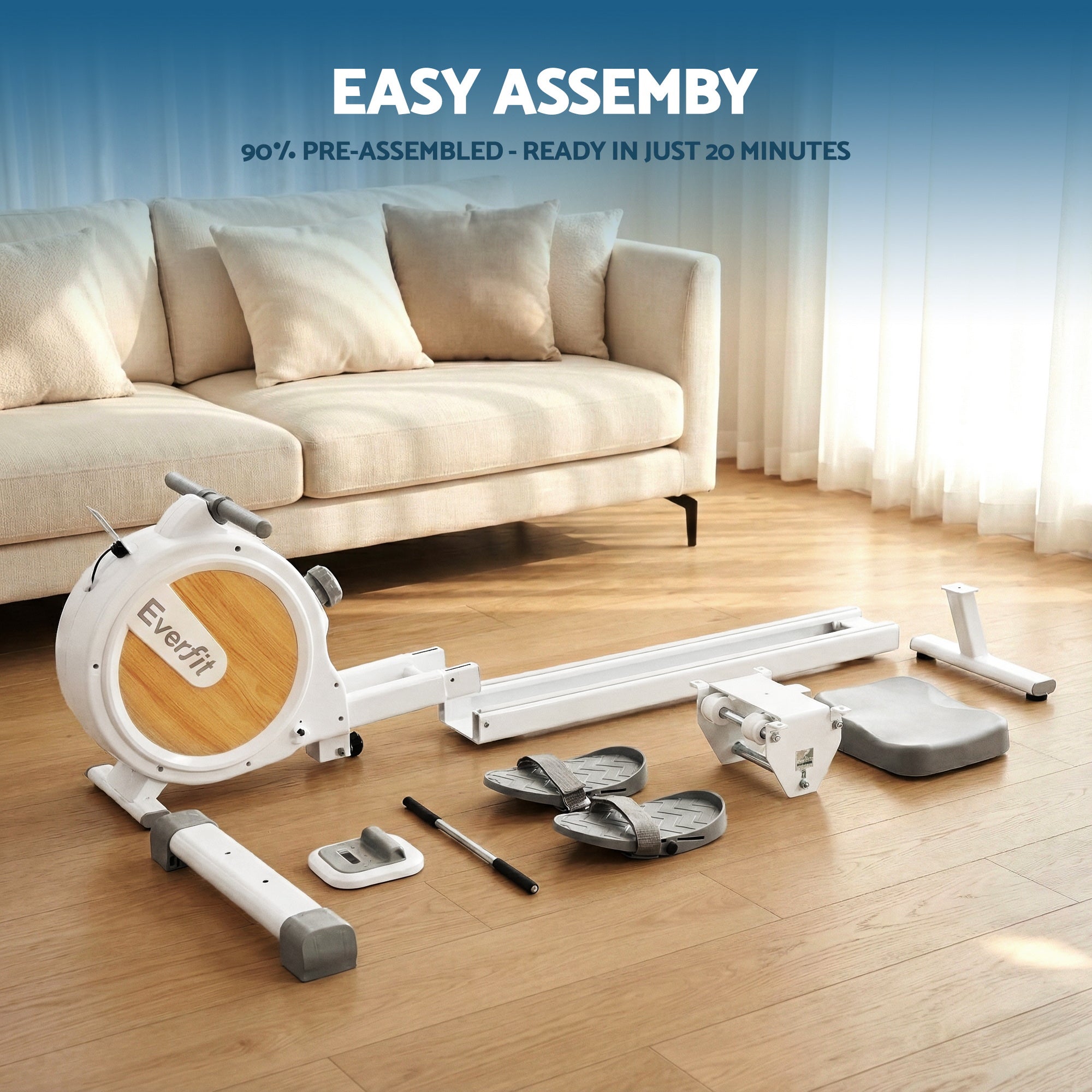 Everfit Rowing Machine for Home Magnetic Rowing Machine App Compatible Quiet Exercise Equipment White