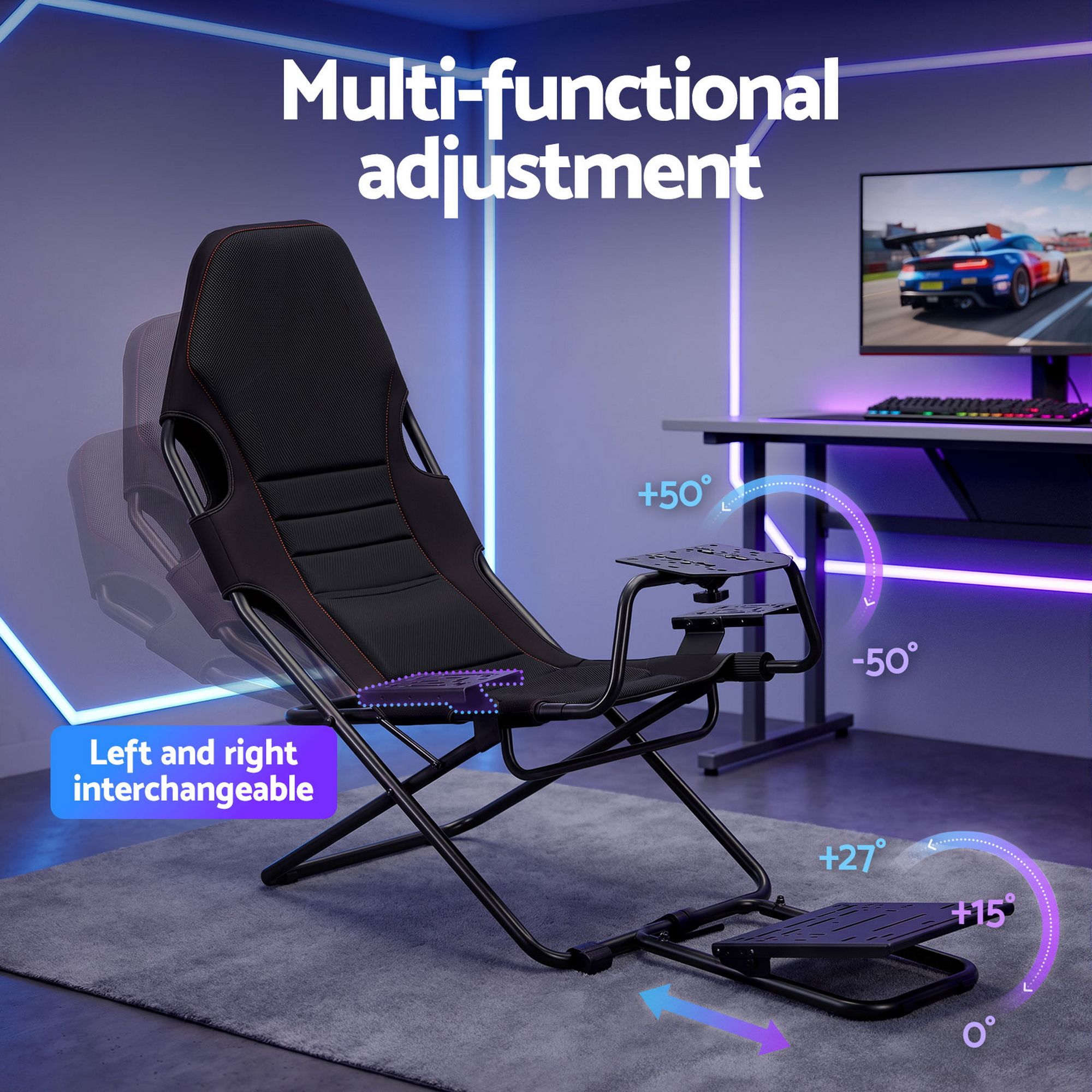 Artiss Steel Foldable Racing Simulator Cockpit Seat Wheel Stand Gear Shifter Mount Black