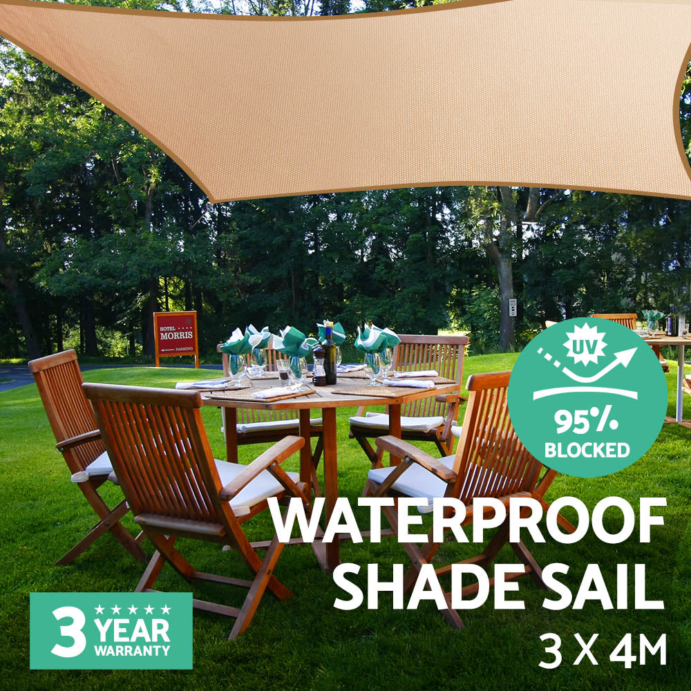 Instahut 3x4m Rectangle Waterproof Shade Sail Sand 95% UV Block