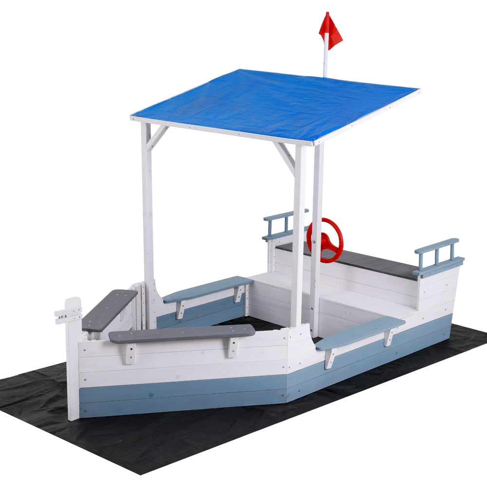 Wooden Boat Sandpit w/ UV Canopy, Flag, Ground Sheet