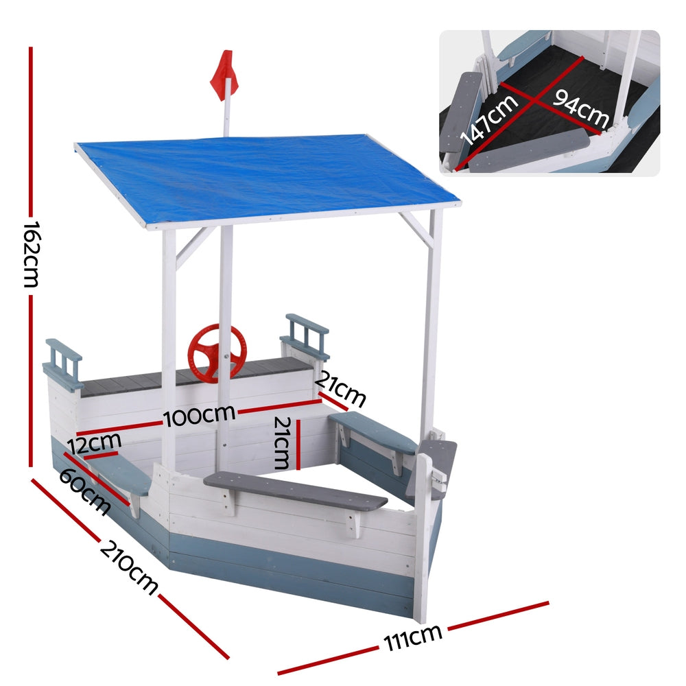 Wooden Boat Sandpit w/ UV Canopy, Flag, Ground Sheet