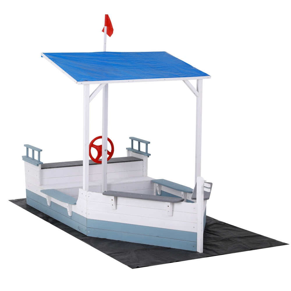 Wooden Boat Sandpit w/ UV Canopy, Flag, Ground Sheet