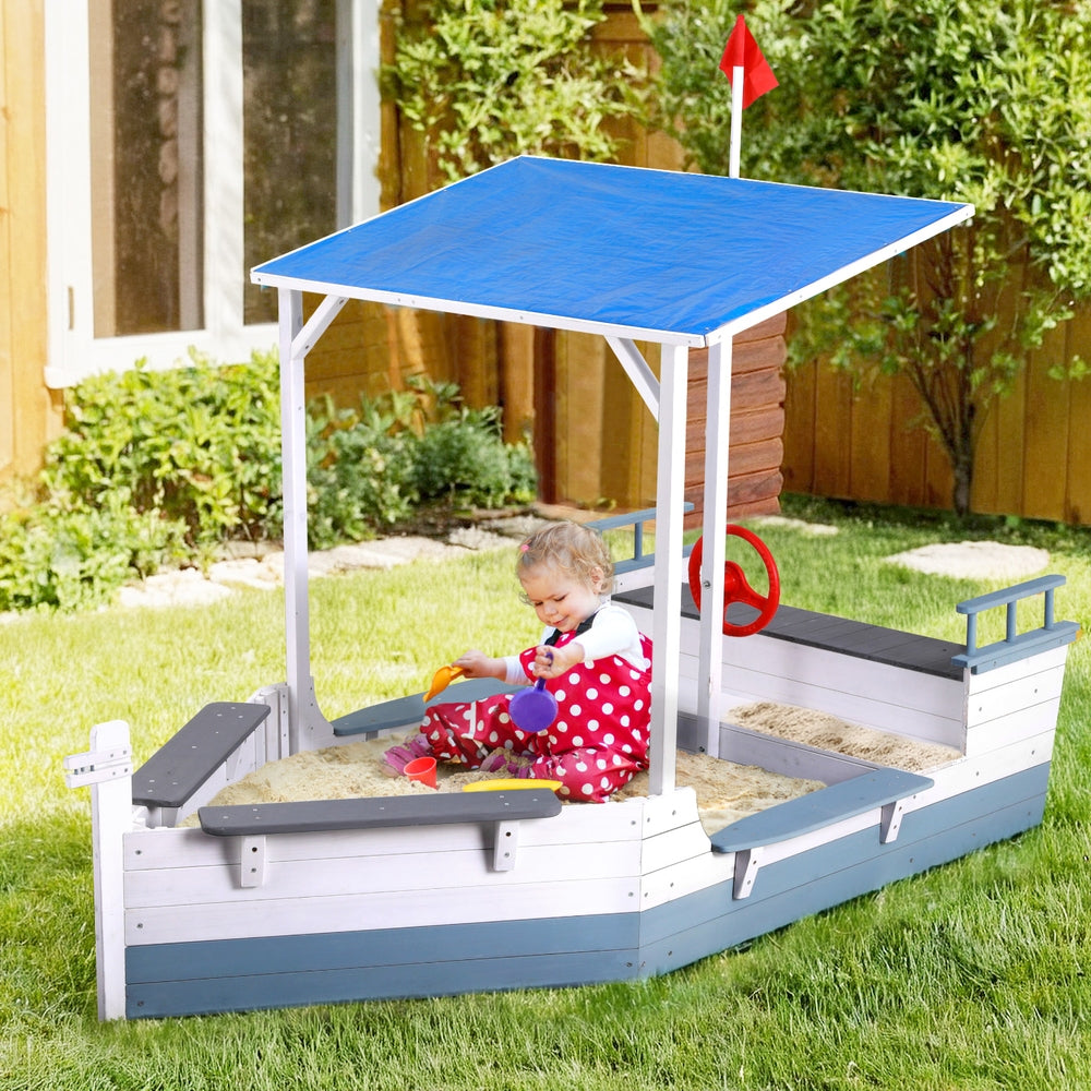 Keezi Wooden Boat Sandpit Blue Canopy Flag Kids Outdoor Play
