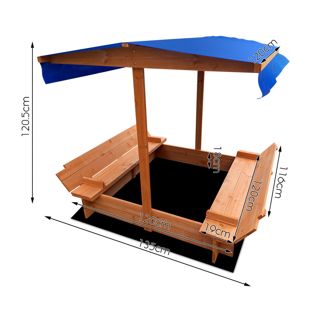 Keezi 120cm Wooden Sandpit with Canopy and Foldable Seat for Kids