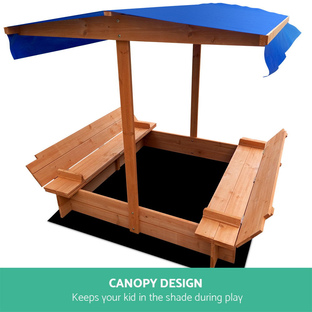 Keezi 120cm Wooden Sandpit with Canopy and Foldable Seat for Kids