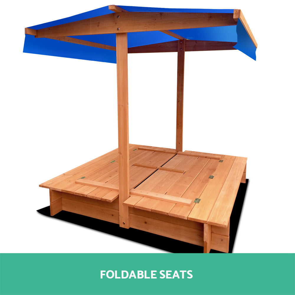 Keezi 120cm Wooden Sandpit with Canopy and Foldable Seat for Kids