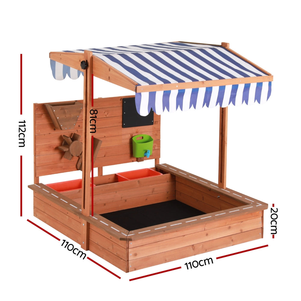 Keezi 110cm Kids Wooden Sandpit Canopy Sandbox Oak Stripe Blue/White