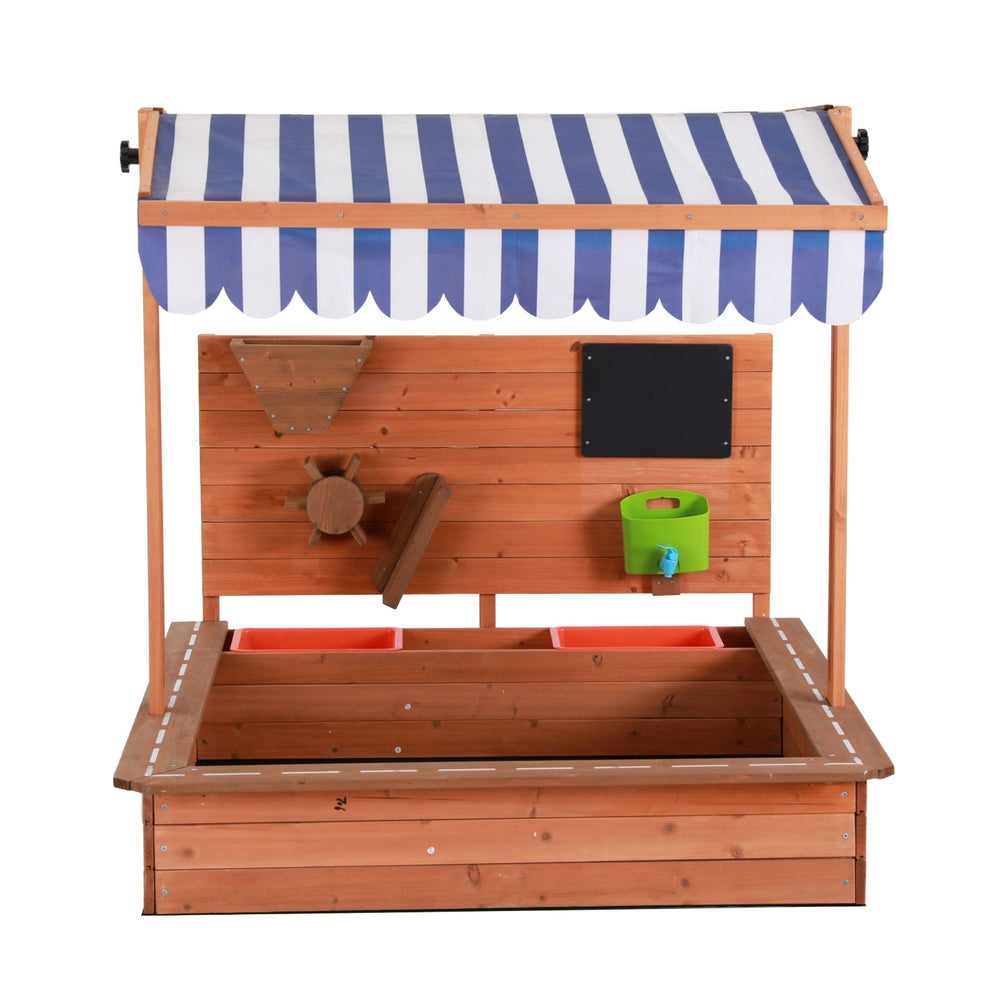 Keezi 110cm Kids Wooden Sandpit Canopy Sandbox Oak Stripe Blue/White