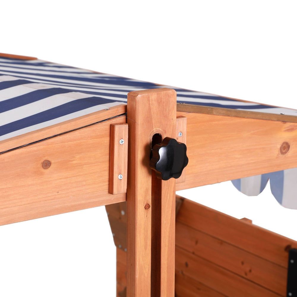 Keezi 110cm Kids Wooden Sandpit Canopy Sandbox Oak Stripe Blue/White