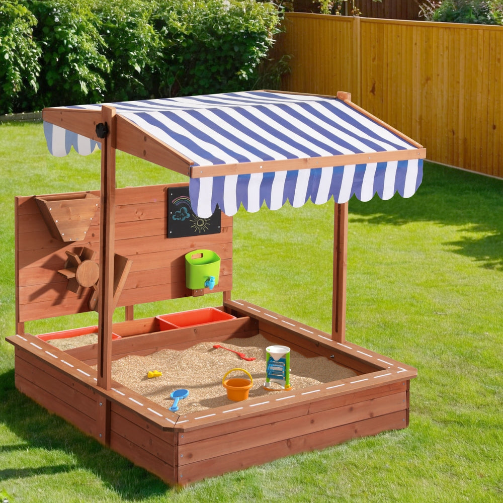 Keezi 110cm Kids Wooden Sandpit Canopy Sandbox Oak Stripe Blue/White