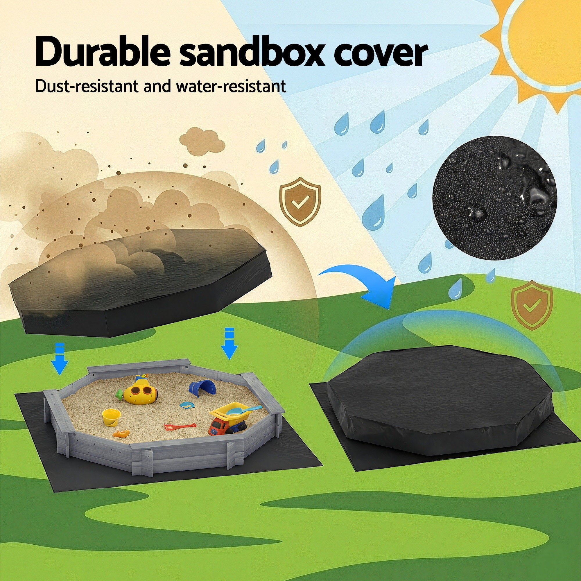 Keezi Kids Sandpit Wooden Round Sand Pit with Cover Bench Seat Beach Toys 182cm Grey