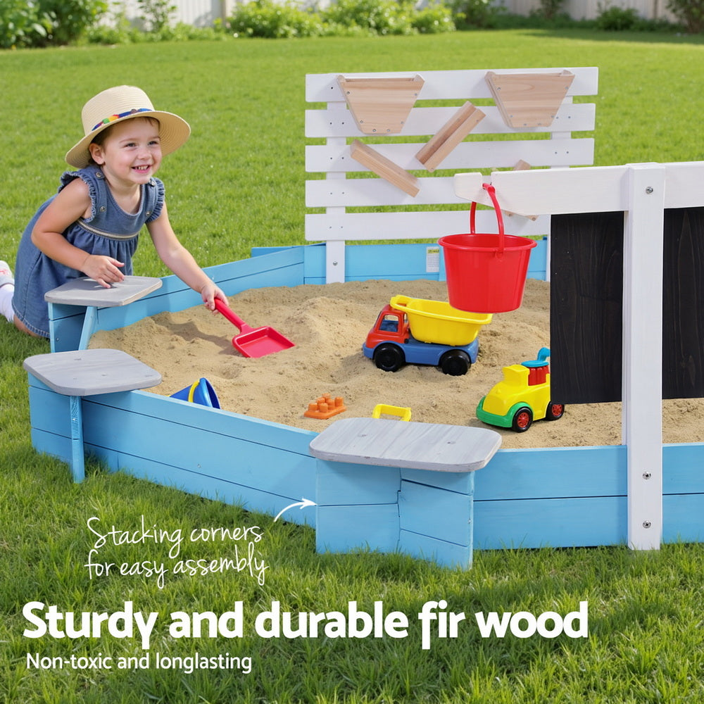 Keezi 215cm Kids Sandpit Wooden Round with Cover Funnel Bench Seat Beach Toys Blue