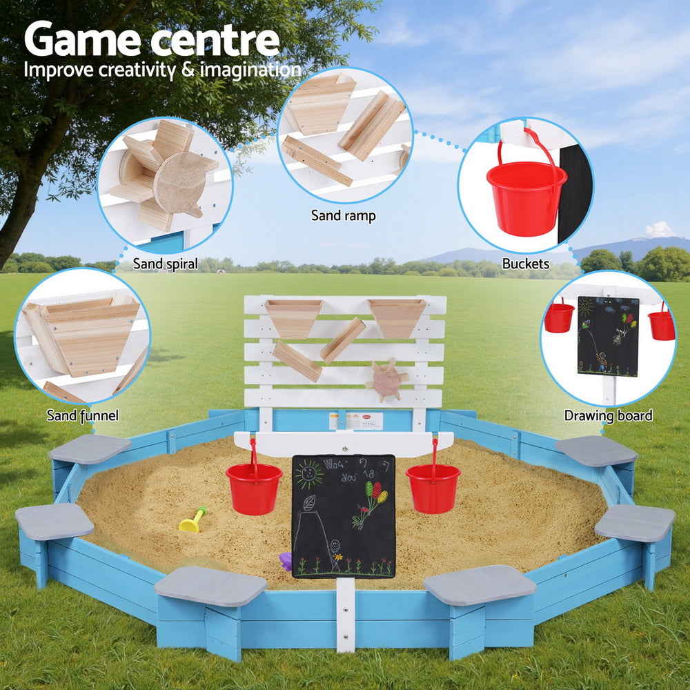 Keezi 215cm Kids Sandpit Wooden Round with Cover Funnel Bench Seat Beach Toys Blue