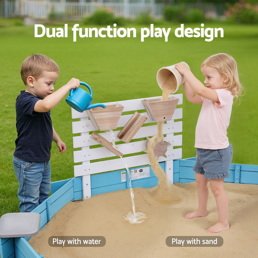 Keezi 215cm Kids Sandpit Wooden Round with Cover Funnel Bench Seat Beach Toys Blue