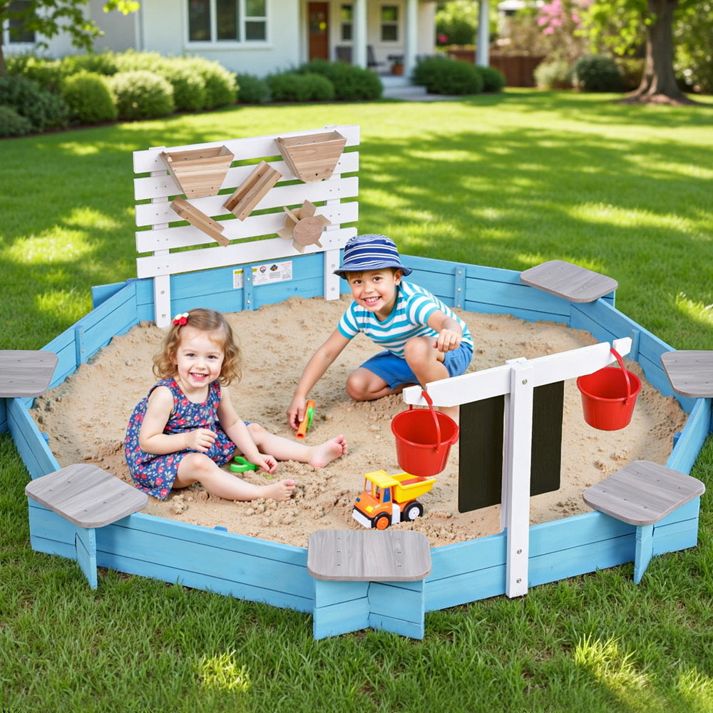 Keezi 215cm Kids Sandpit Wooden Round with Cover Funnel Bench Seat Beach Toys Blue