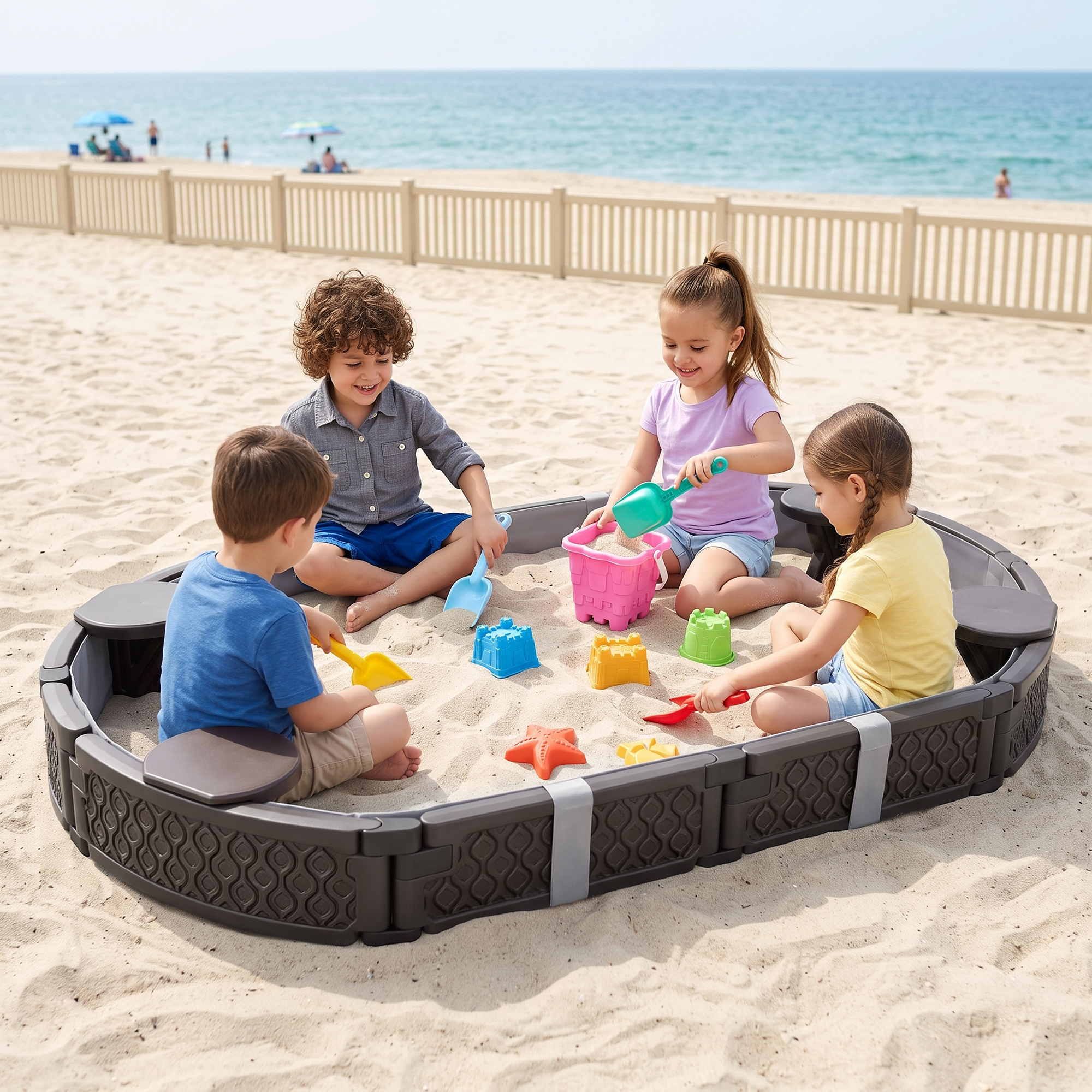 Keezi Kids Sandpit Toys Outdoor Sandbox Oval Sand Pit 4 Seats Grey Cover