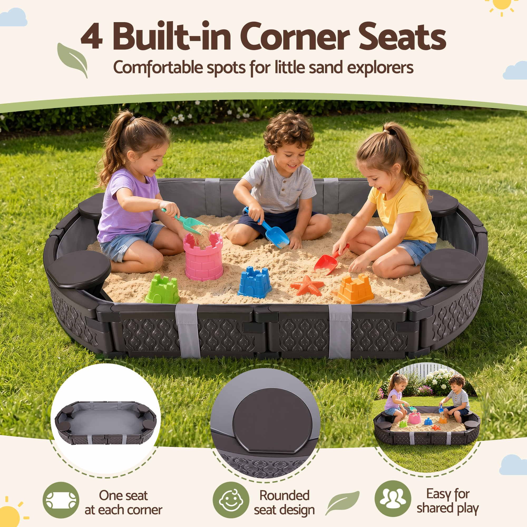 Keezi Kids Sandpit Toys Outdoor Sandbox Oval Sand Pit 4 Seats Grey Cover