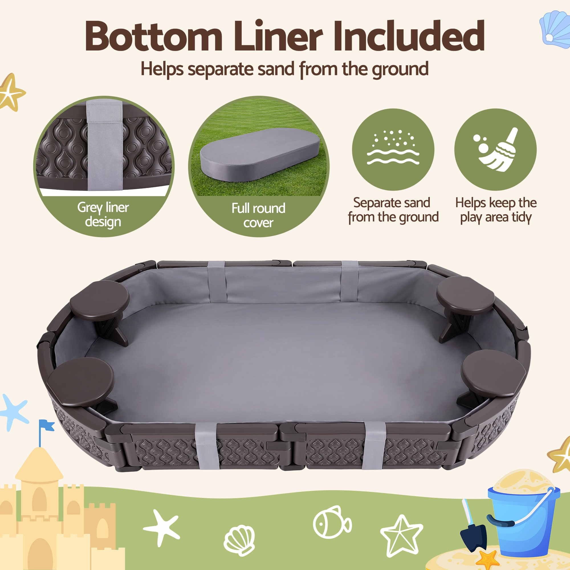 Keezi Kids Sandpit Toys Outdoor Sandbox Oval Sand Pit 4 Seats Grey Cover