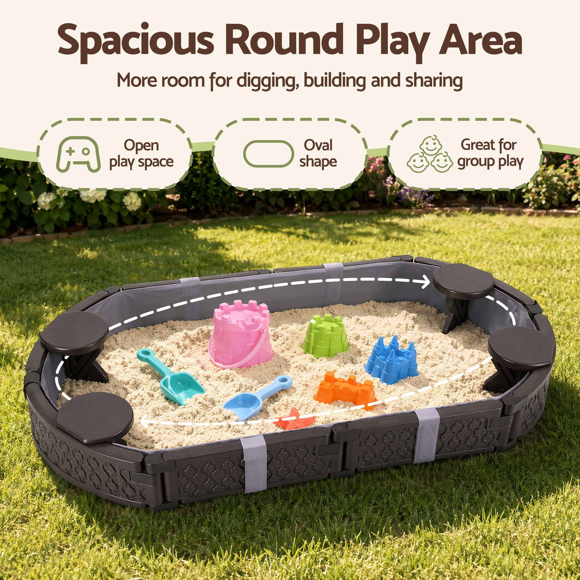 Keezi Kids Sandpit Toys Outdoor Sandbox Oval Sand Pit 4 Seats Grey Cover