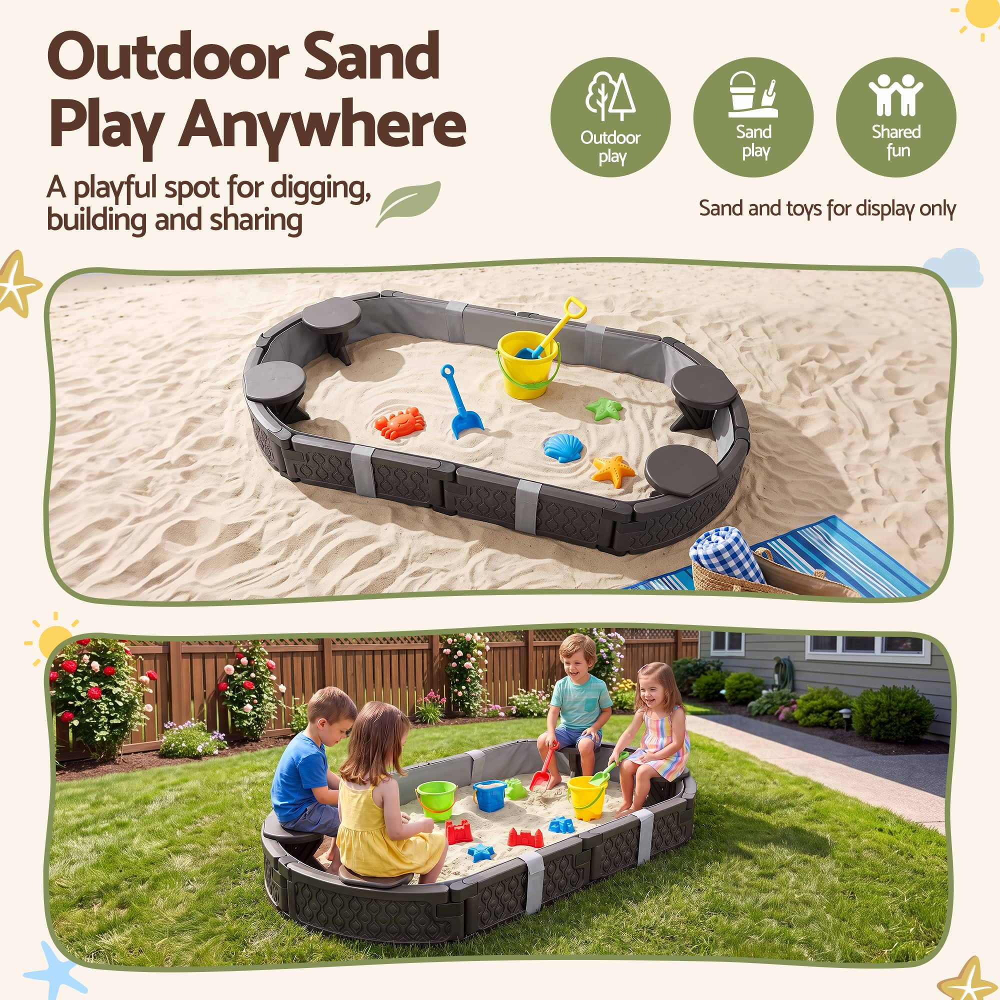 Keezi Kids Sandpit Toys Outdoor Sandbox Oval Sand Pit 4 Seats Grey Cover