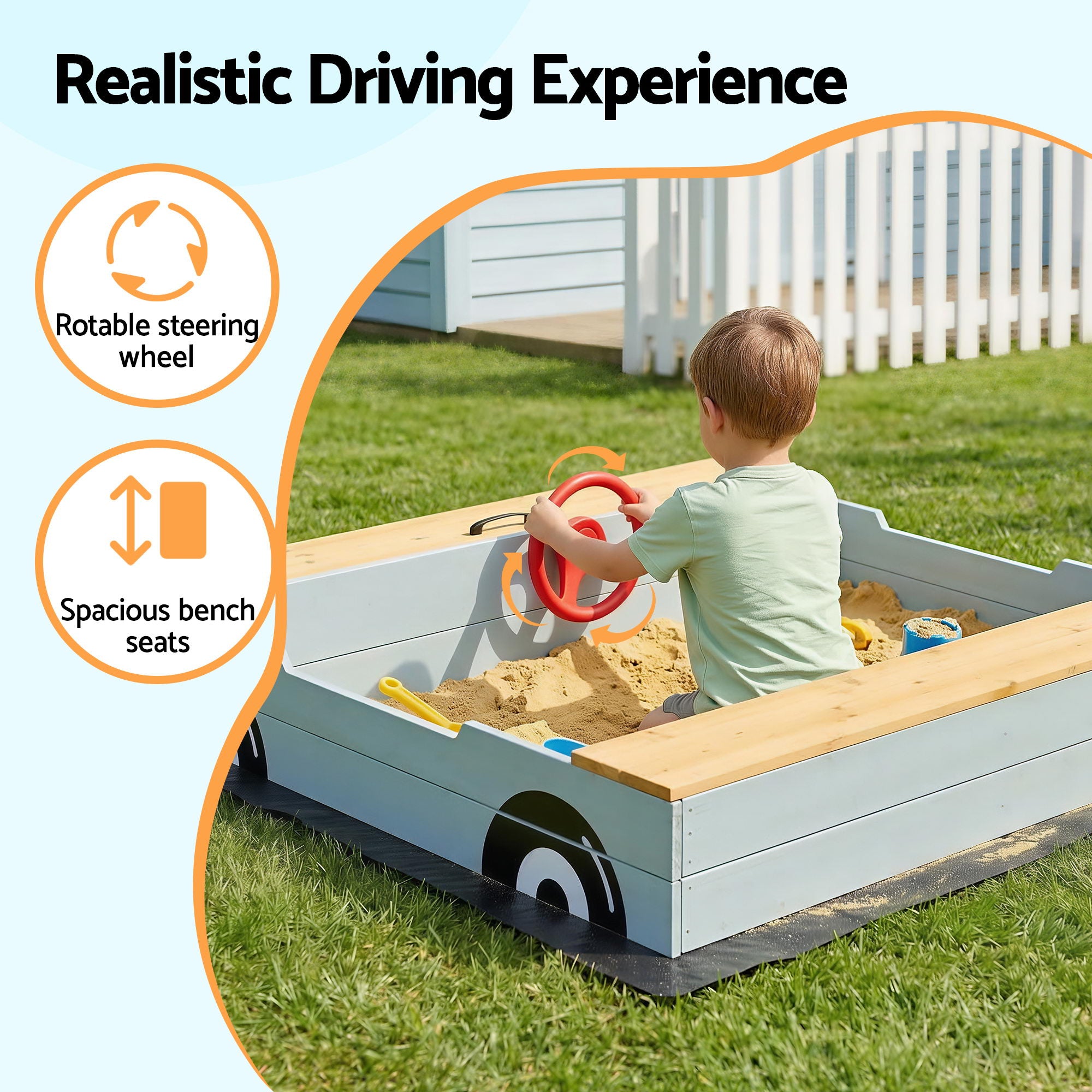 Keezi Wooden Car Sandpit Kids Sandbox Outdoor Play Toy w/ Storage Ground Sheet 120cm