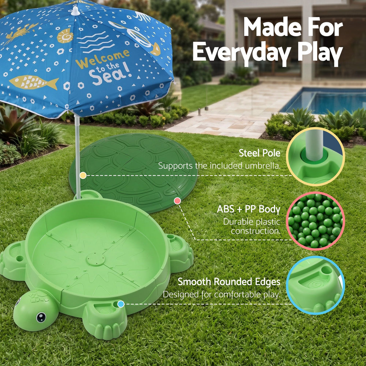 Keezi Kids Turtle Sandpit Sandbox with Umbrella Lid Green