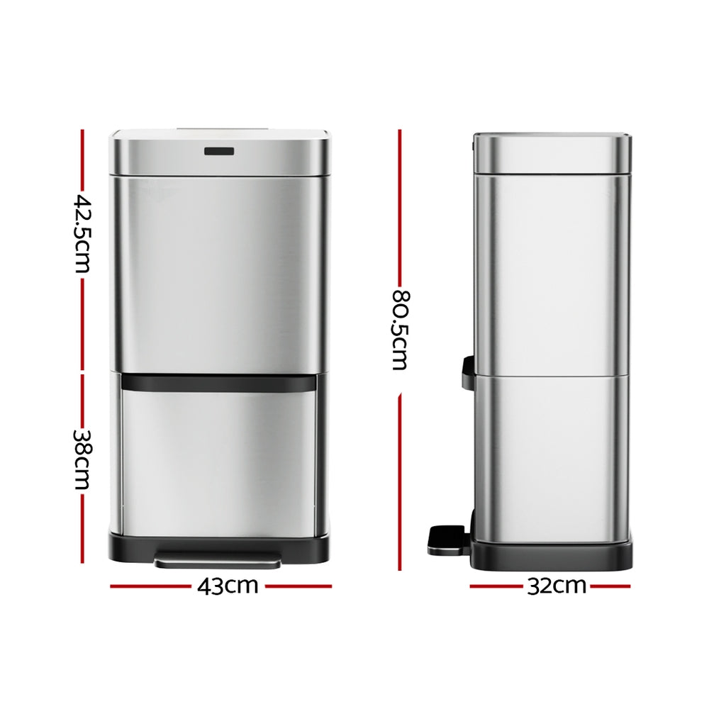 Devanti 70L Motion Sensor Bin Dual Compartment Silver